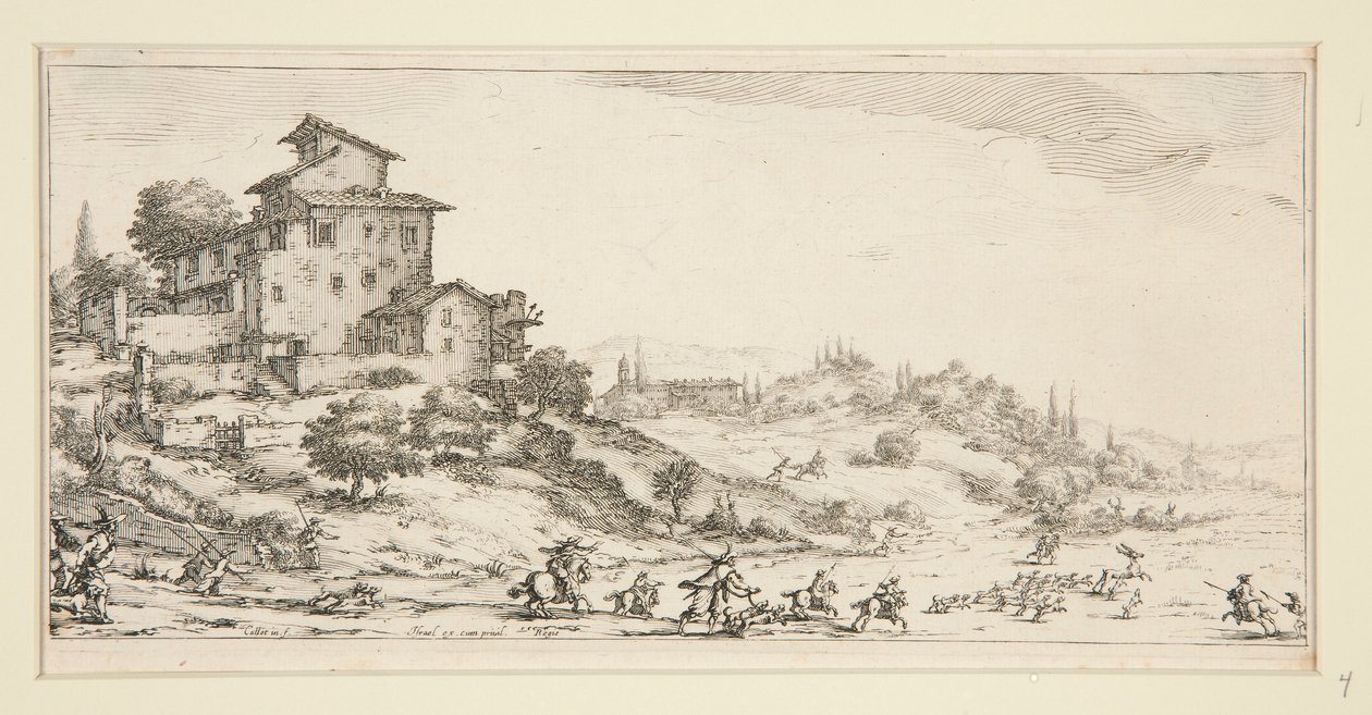 Die Hirschjagd in der Nähe des Herrenhauses, aus Landschaften für Giovanni de Medici von Jacques Callot