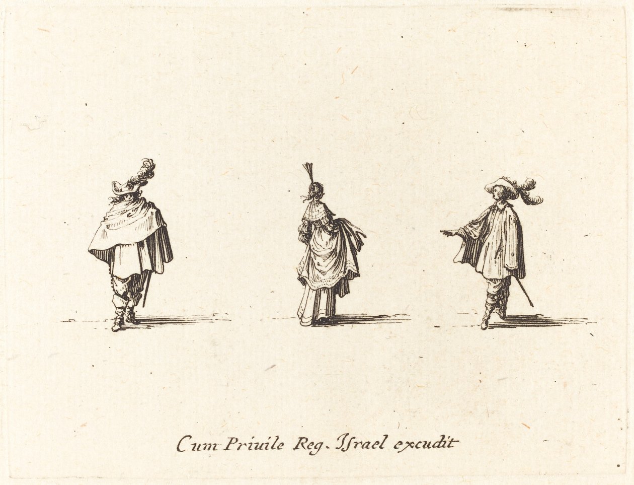 Dame mit hochgezogenem Kleid und zwei Herren von Jacques Callot