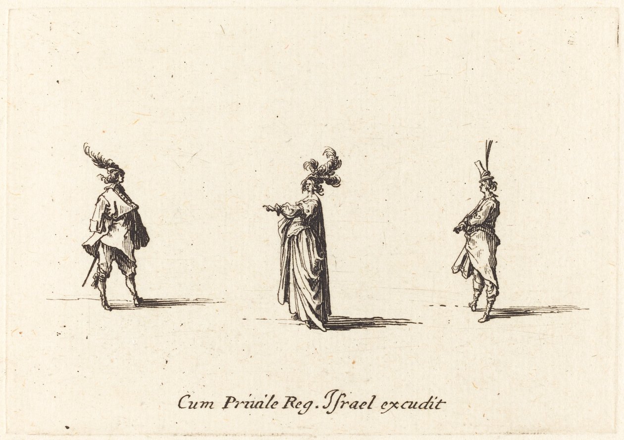 Dame mit Federhut und zwei Herren, wahrscheinlich 1634 von Jacques Callot