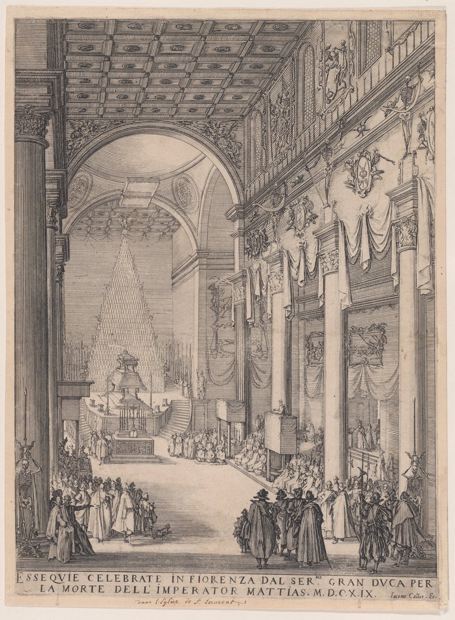 Der Katafalk des Kaisers Matthias, auch genannt Der kleine Prediger, Die Trauerkapelle von Florenz von Jacques Callot