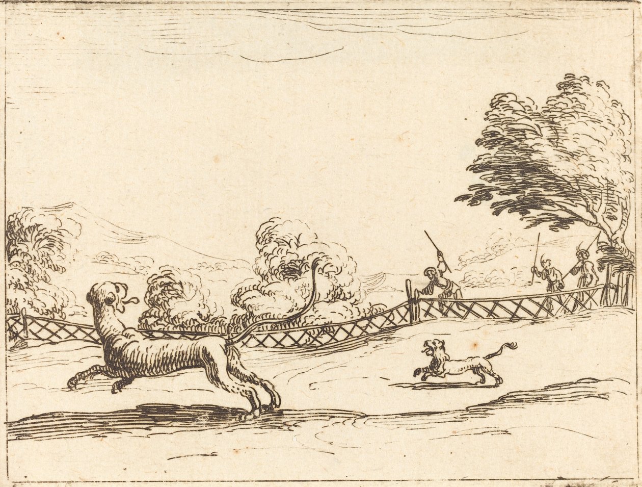 Löwin und Junges von Jägern verfolgt von Jacques Callot