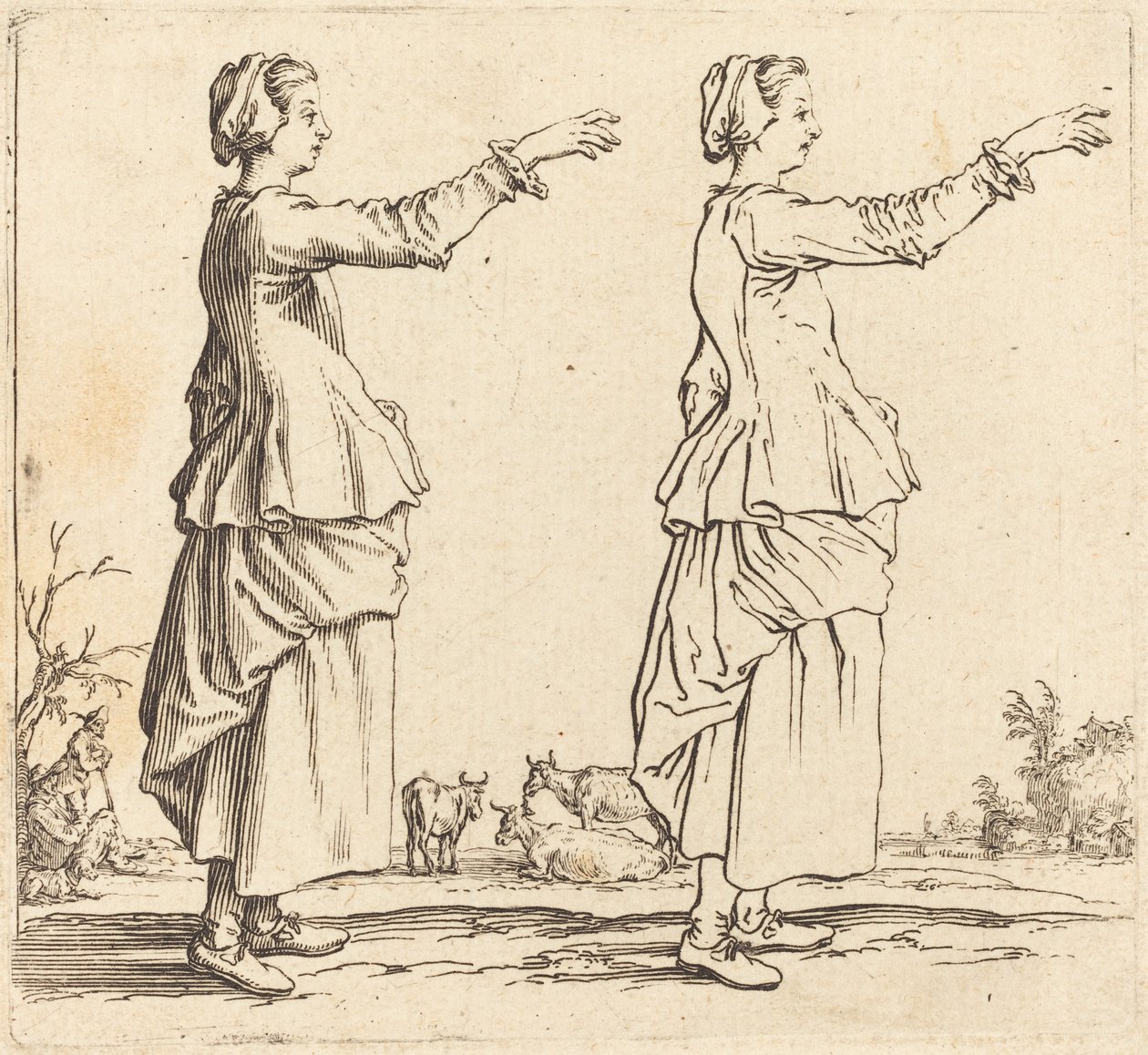 Bäuerin im Profil, nach rechts gewandt, mit ausgestrecktem Arm, 1617 und 1621 von Jacques Callot