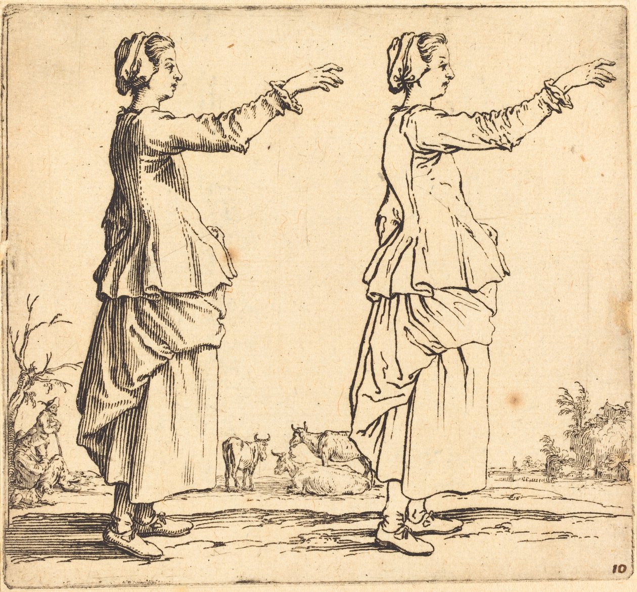 Bäuerin im Profil, nach rechts gewandt, mit ausgestrecktem Arm, 1617 und 1621 von Jacques Callot