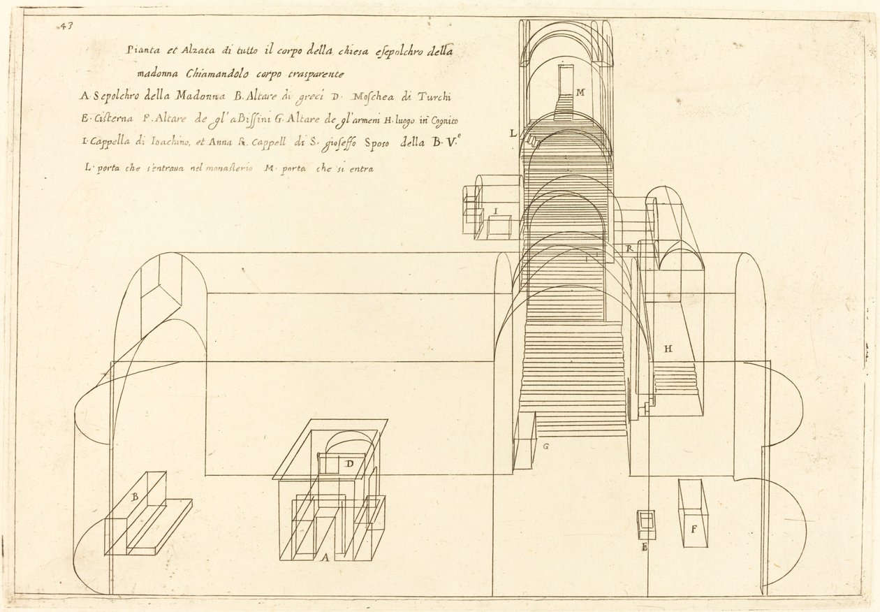 Plan und Aufriss der Kirche des Grabes der Madonna von Jacques Callot