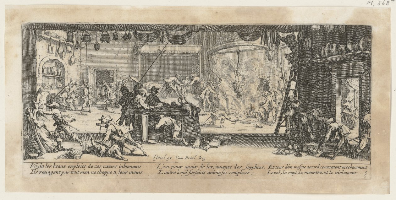 Plünderung eines Bauernhofes, Blatt 5 der Folge "Grauen des Krieges" von Jacques Callot