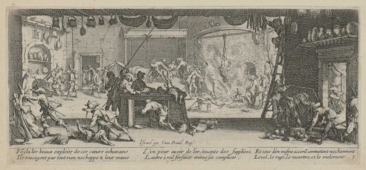 Plünderung eines Bauernhofes, Blatt 5 der Folge "Grauen des Krieges" von Jacques Callot
