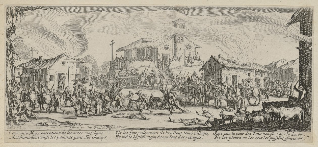 Plünderung und Niederbrennung eines Dorfes, Blatt 7 der Folge "Grauen des Krieges" von Jacques Callot