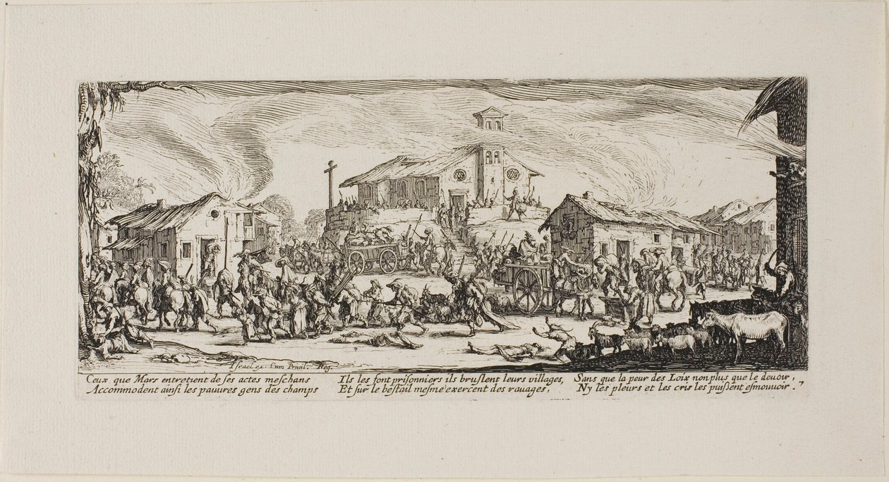 Plünderung und Brand eines Dorfes, Platte sieben aus Die Leiden des Krieges von Jacques Callot