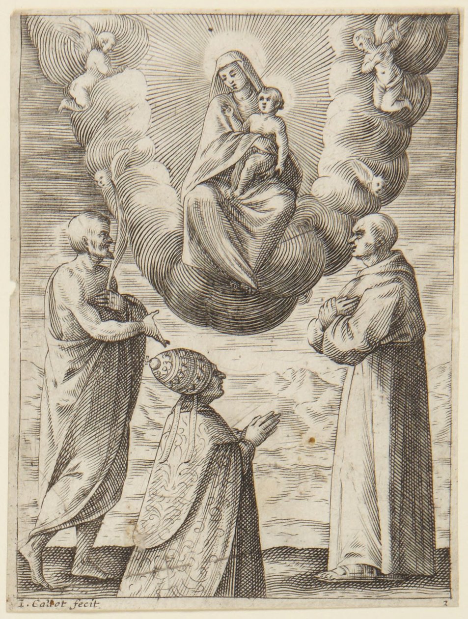 Papst Bonifatius VIII. mit dem heiligen Franziskus und dem heiligen Crispinus bei der Anbetung der Jungfrau und des Jesuskindes von Jacques Callot