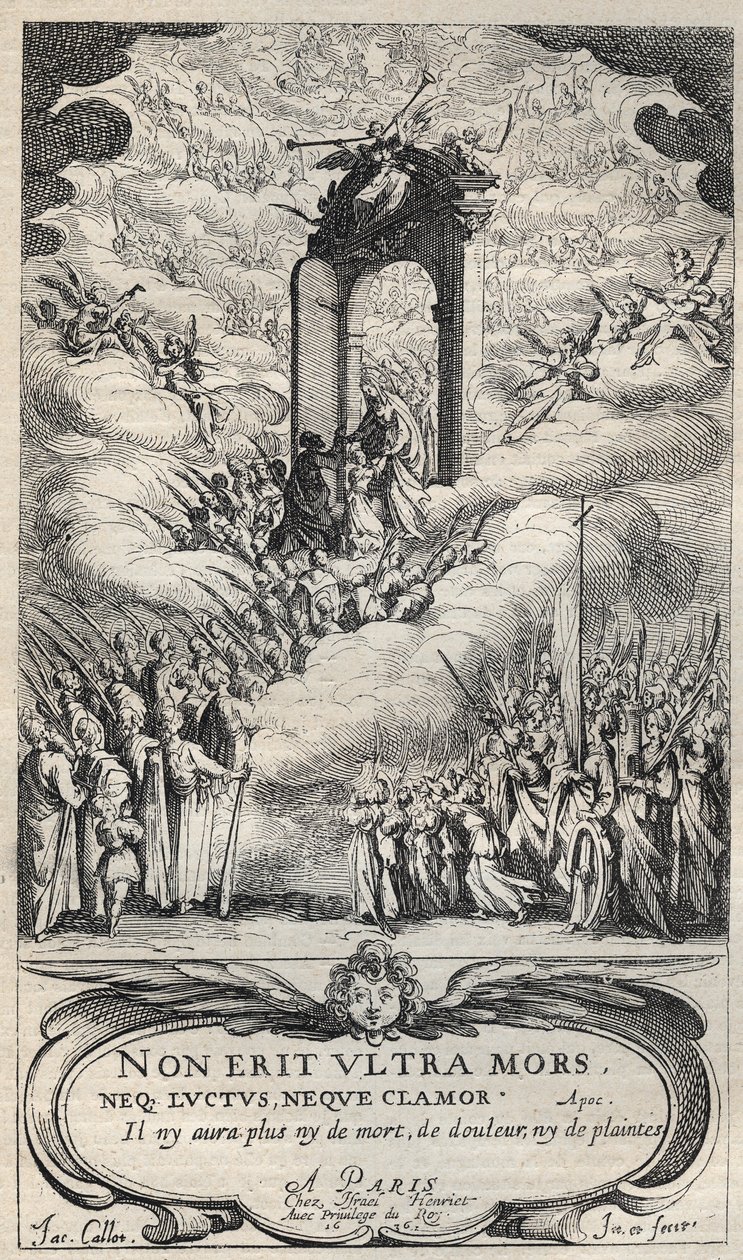 Heilige und Heilige, die an die Tür des Paradieses eilen - Komposition und Gravur von Jacques Callot (1592-1635) von Jacques Callot