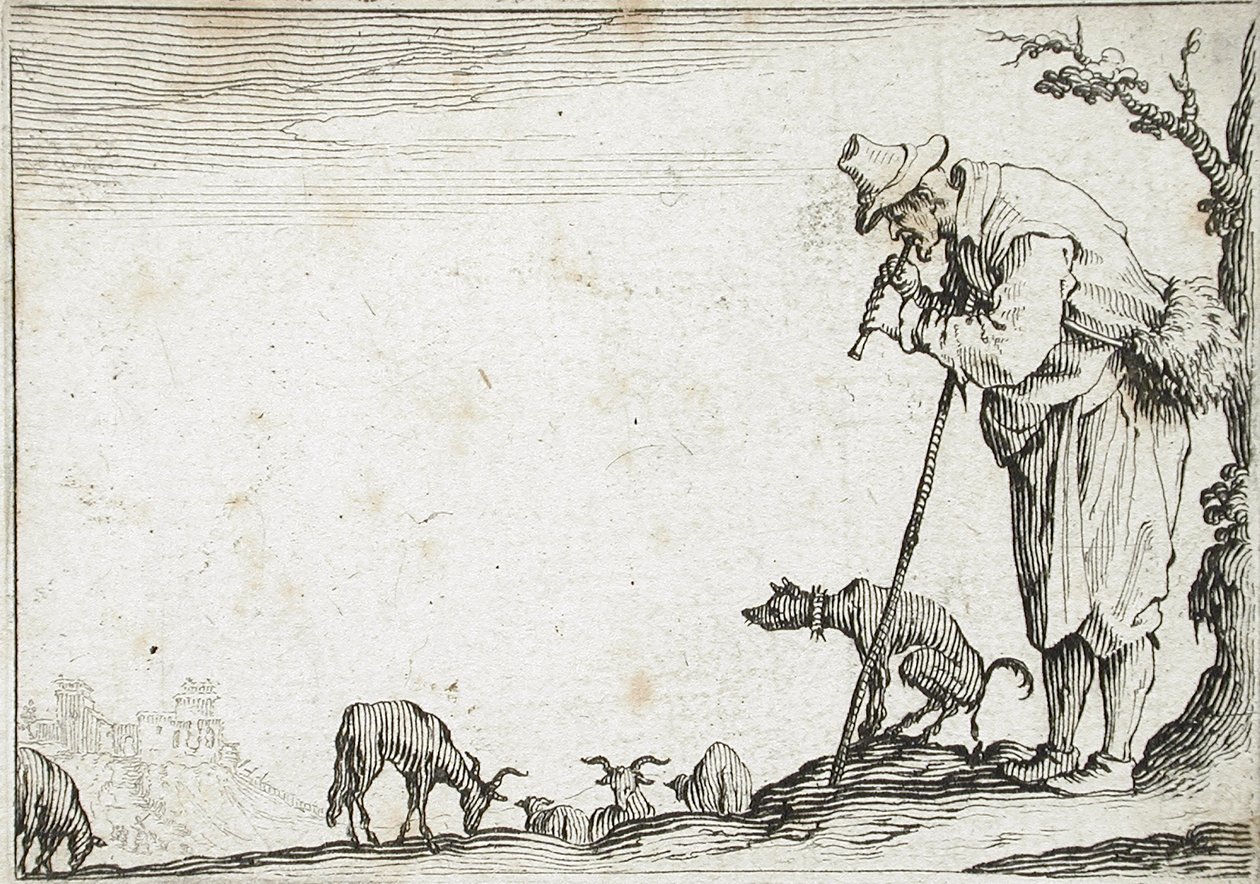 Hirte, der eine Flöte spielt von Jacques Callot