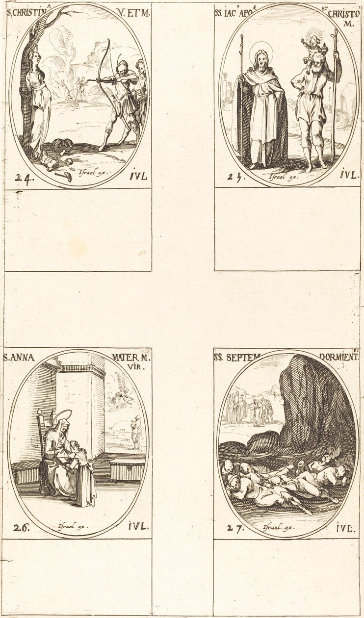 Die heilige Christina; der heilige Jakobus, Apostel, und der heilige Christophorus; die heilige Anna; die sieben Schläfer von E von Jacques Callot