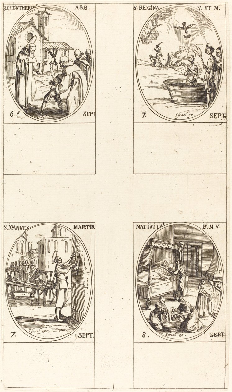 St. Eleutherius, Abt; St. Regina; St. Johannes; Die Geburt der Jungfrau von Jacques Callot