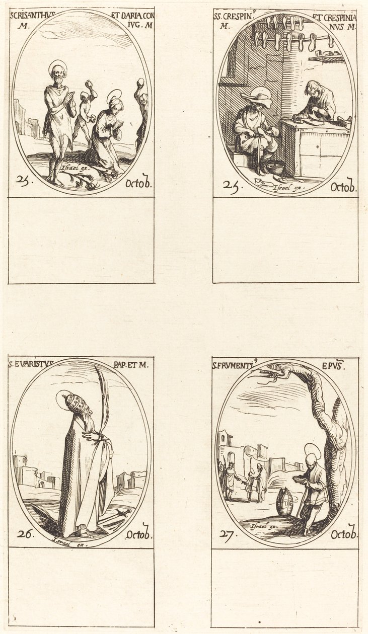 Hl. Chrysanthus & Daria; Hl. Crispin & Crispinian; Hl. Evaristus; Hl. Frumentius von Jacques Callot