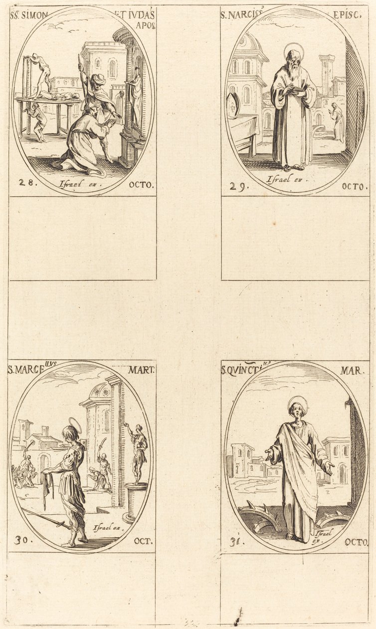 Heilige Simon und Judas, Apostel; Heiliger Narziss; Heiliger Marcellus; Heiliger Quintin von Jacques Callot