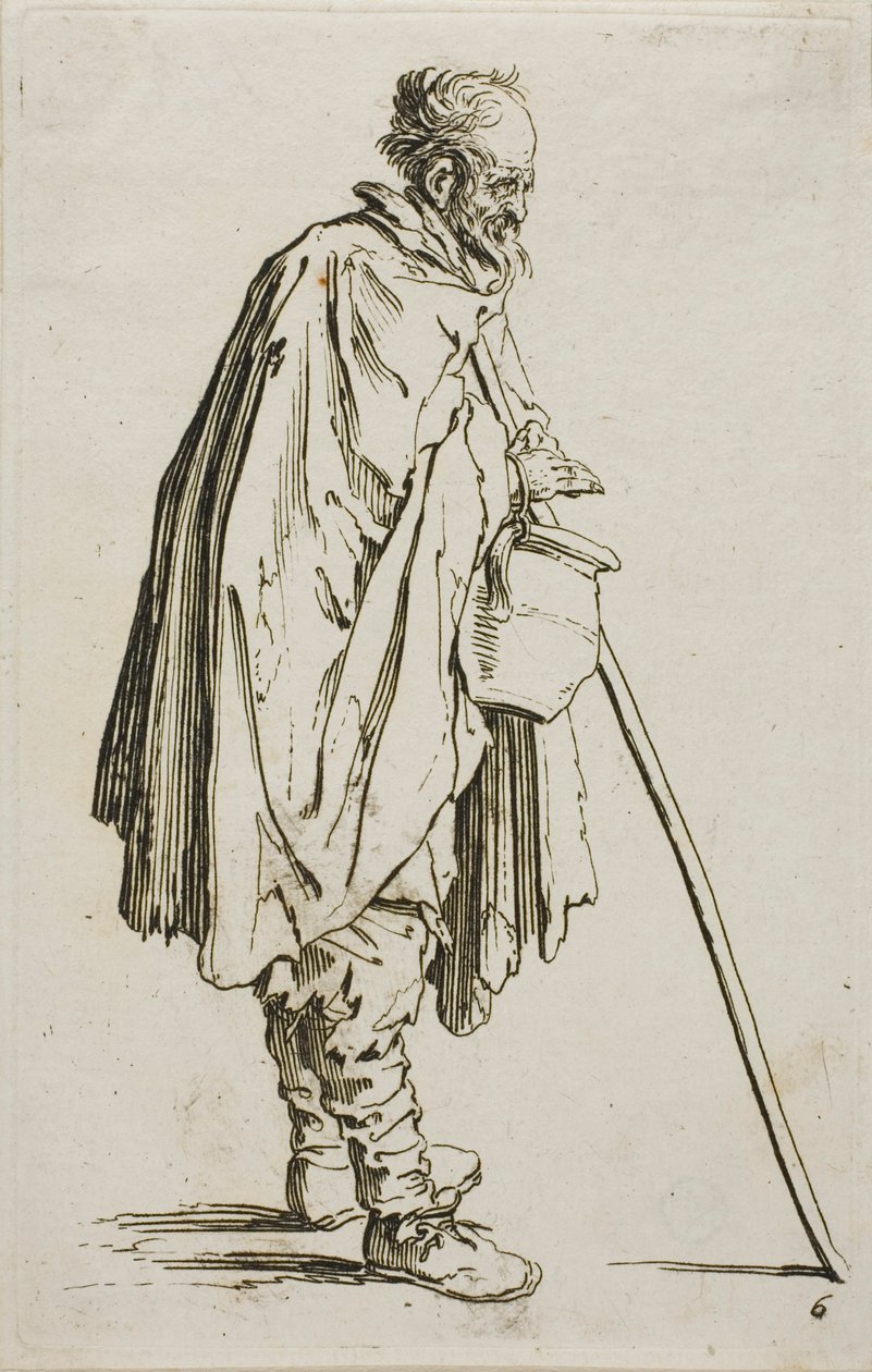 Der Bettler mit einem Fußwärmer, Platte sechs aus Die Bettler von Jacques Callot