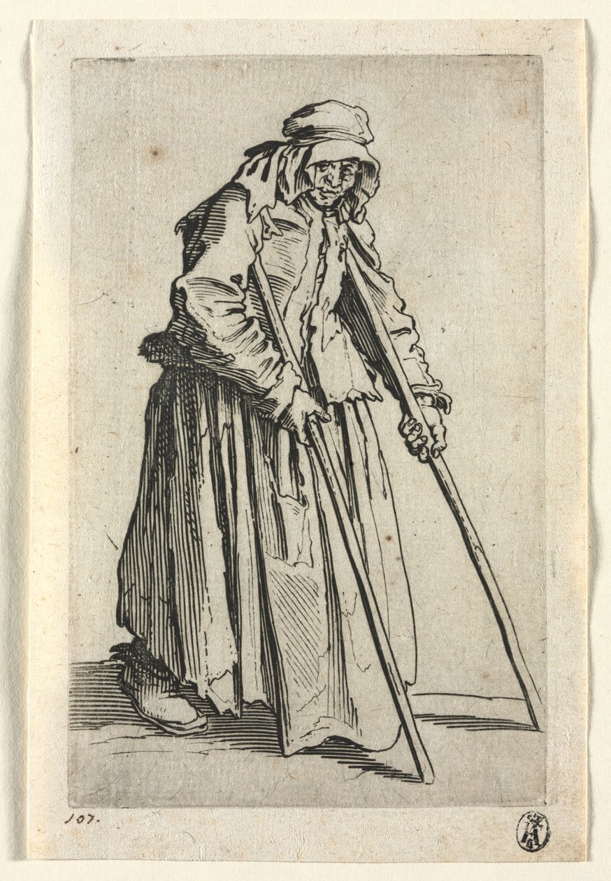 Die Bettler: Bettlerfrau auf Krücken von Jacques Callot