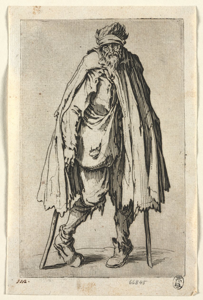 Die Bettler: Bettler auf Krücken mit einer Tasche, ca. 1623 von Jacques Callot