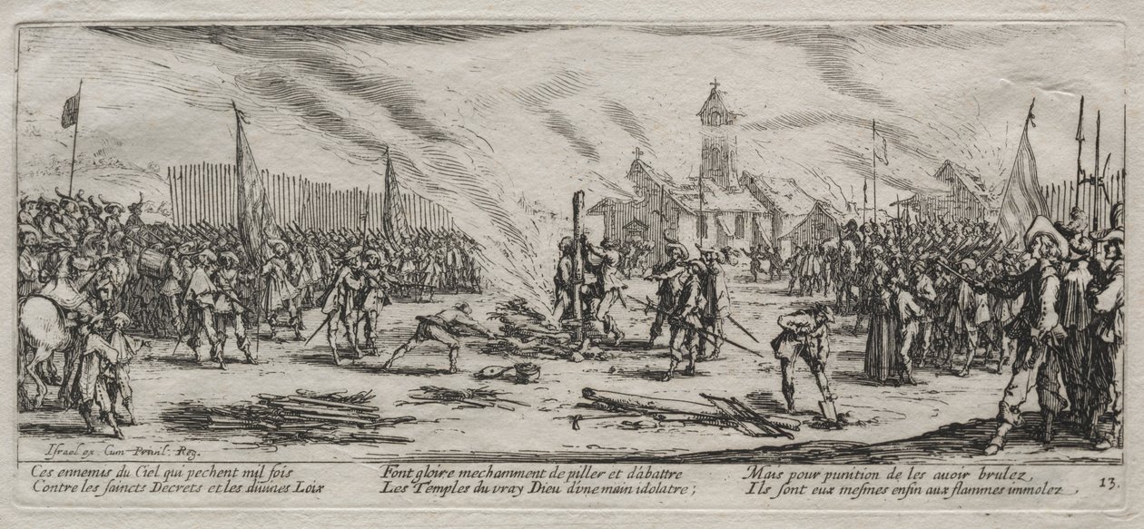 Die großen Elendnisse des Krieges: Verbrennung auf dem Scheiterhaufen, 1633 von Jacques Callot