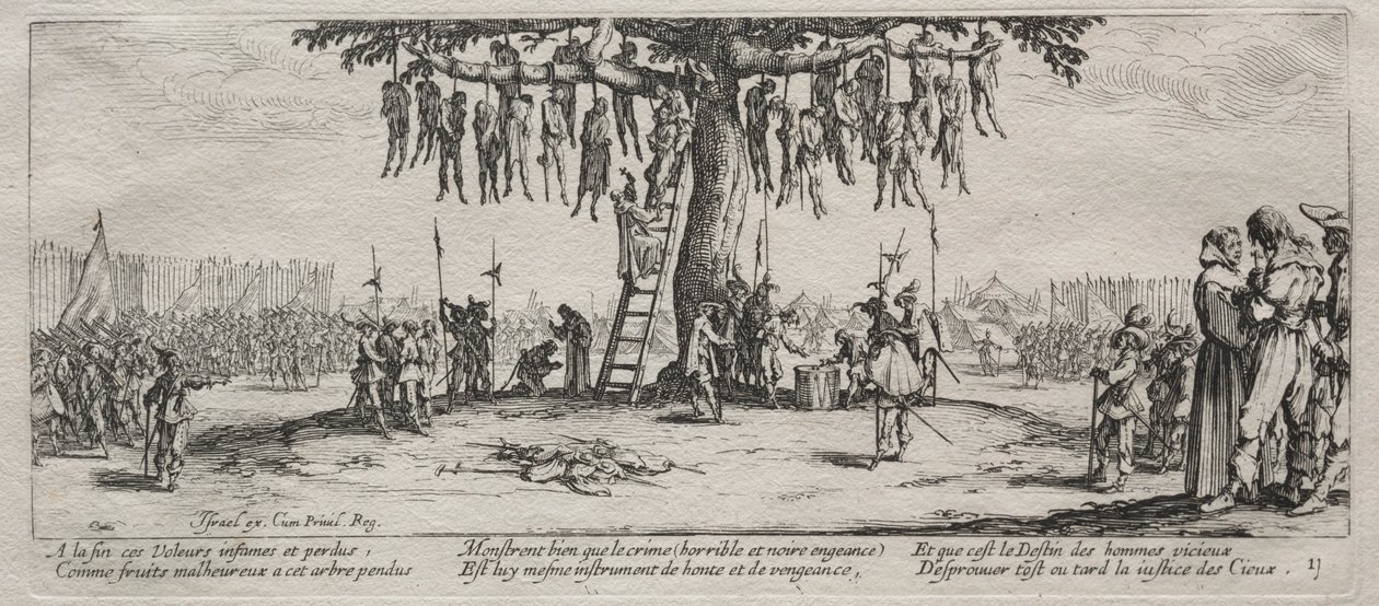 Die großen Elendnisse des Krieges: Das Hängen, 1633 von Jacques Callot