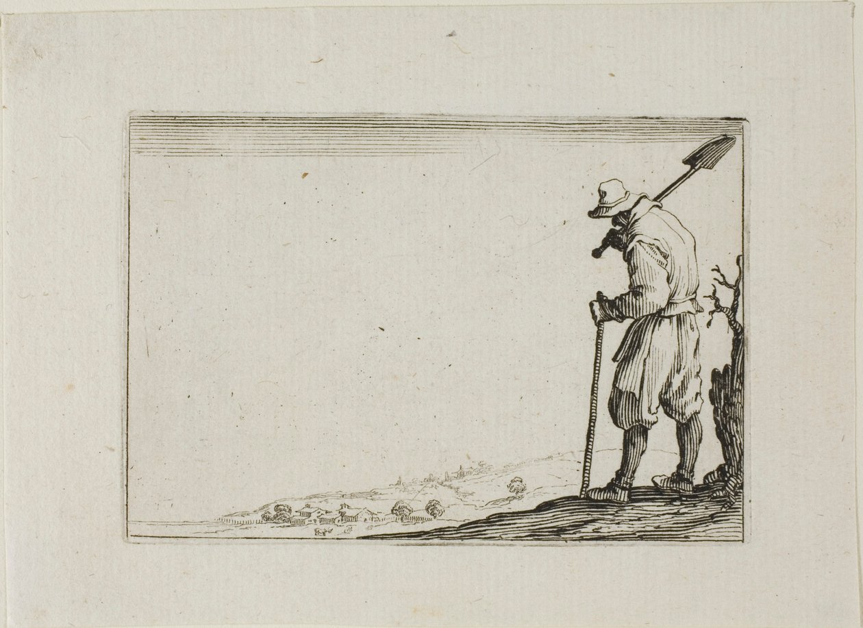 Der Bauer trägt seine Schaufel auf der Schulter, aus Die Capricen von Jacques Callot
