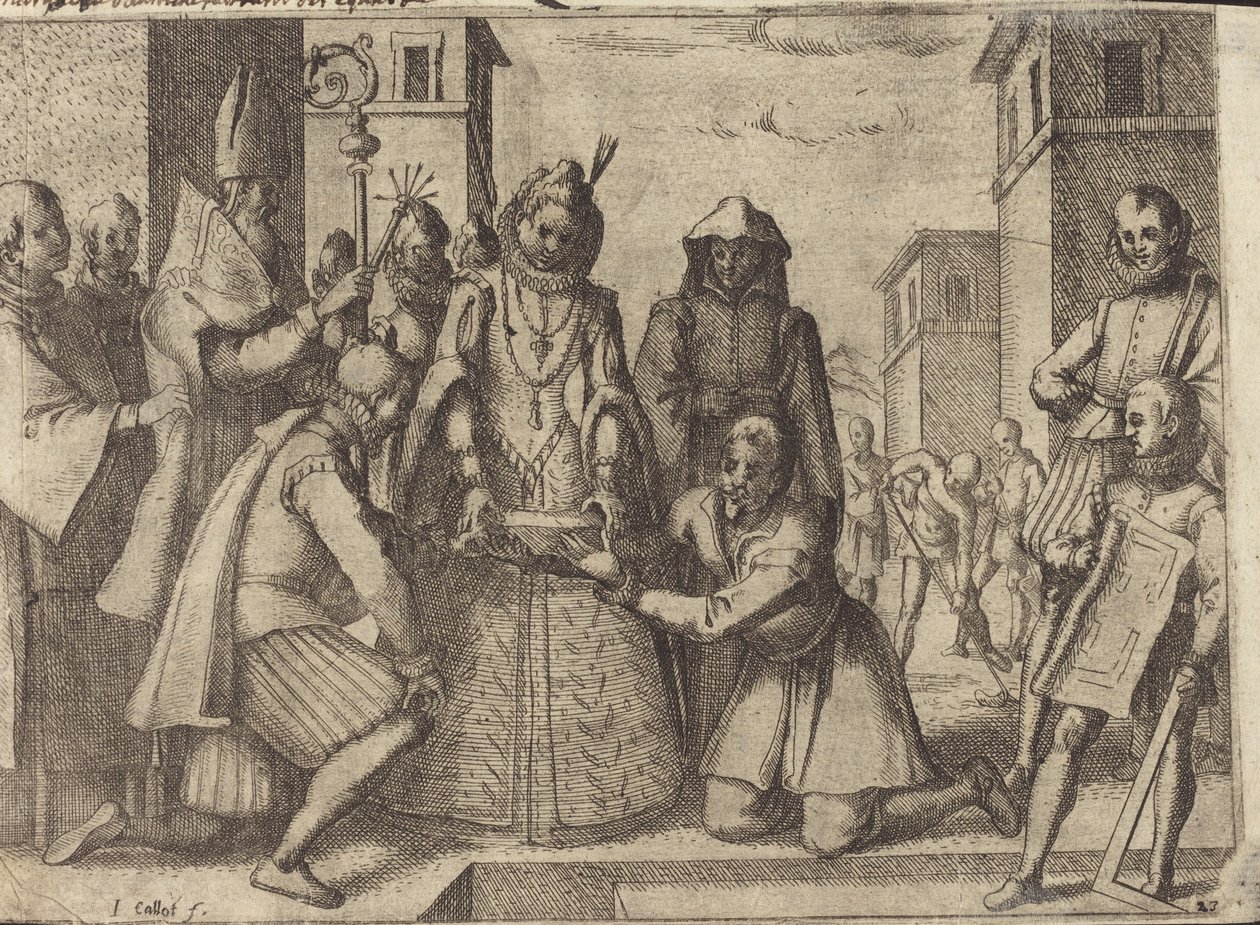Die Königin legt den Grundstein für die Kirche der Klarissen in Spanien (verso) von Jacques Callot