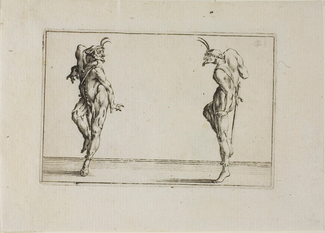 Die zwei Pantalons, die sich gegenseitig ansehen, aus Die Caprices von Jacques Callot