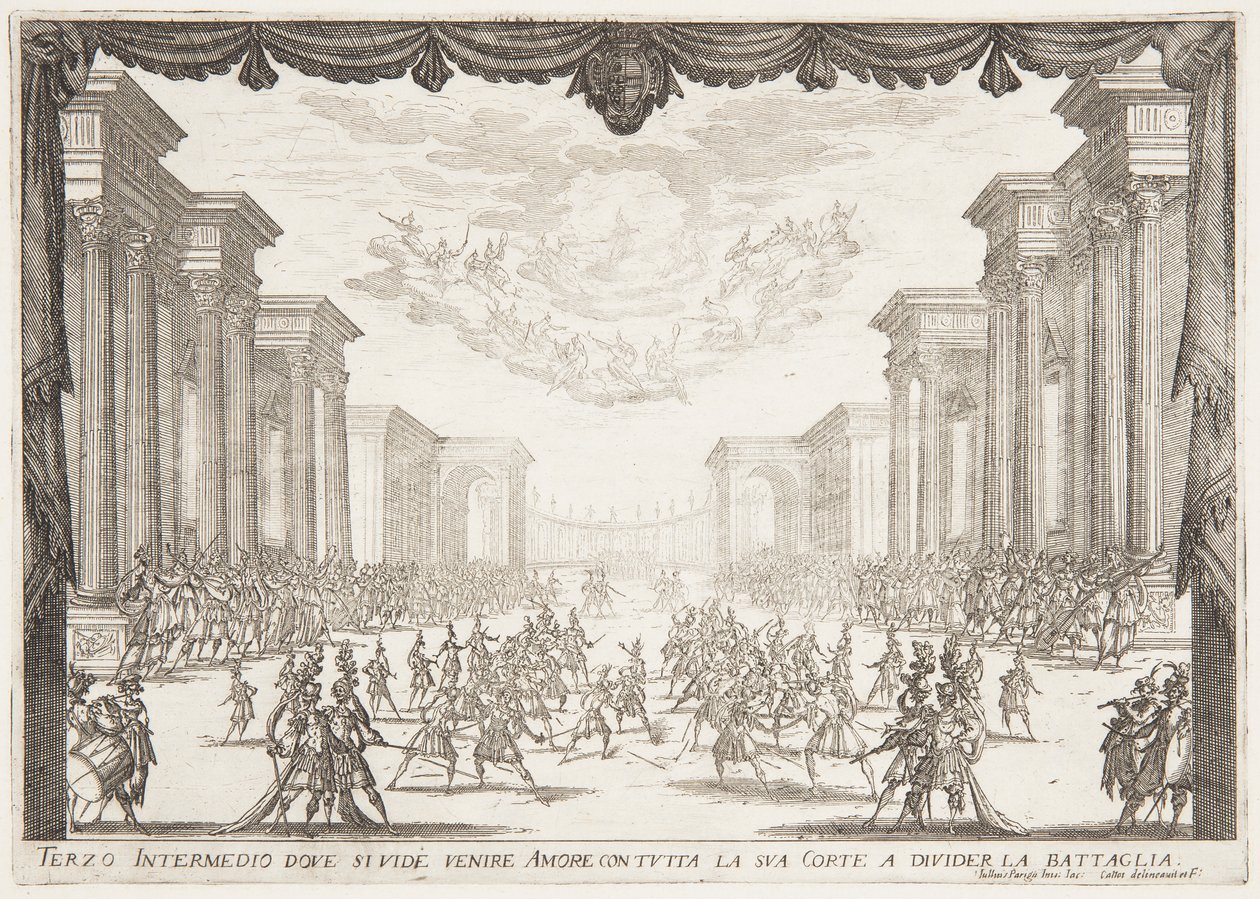Drittes Intermezzo, Die Schlacht wird durch die Ankunft der Liebe mit ihrem Gefolge gestoppt von Jacques Callot