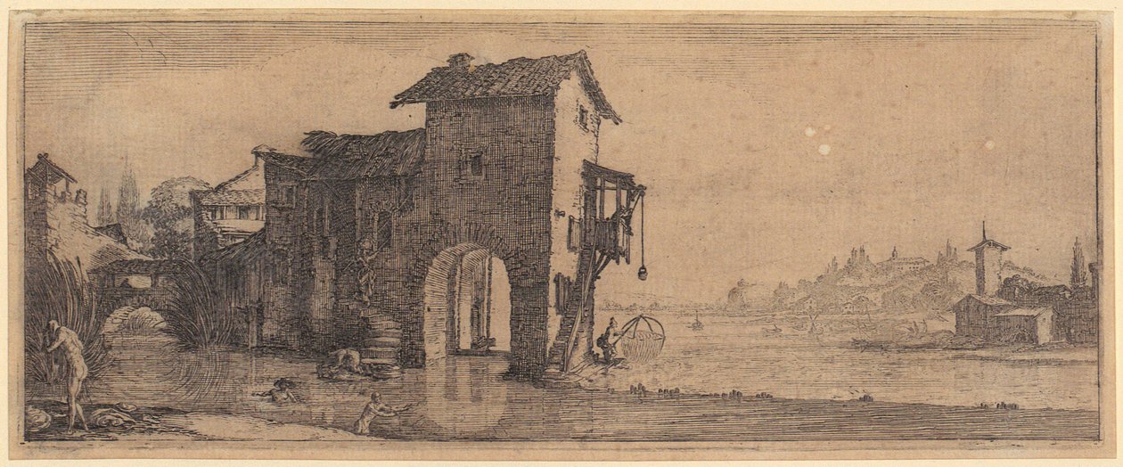 Wassermühle, Blatt 3 der Folge "Die vier Landschaften" von Jacques Callot
