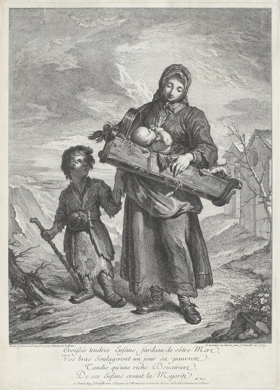 Eine junge Mutter trägt eine Wiege von Jacques Dumont Le Romain, finished by Jean Daullé