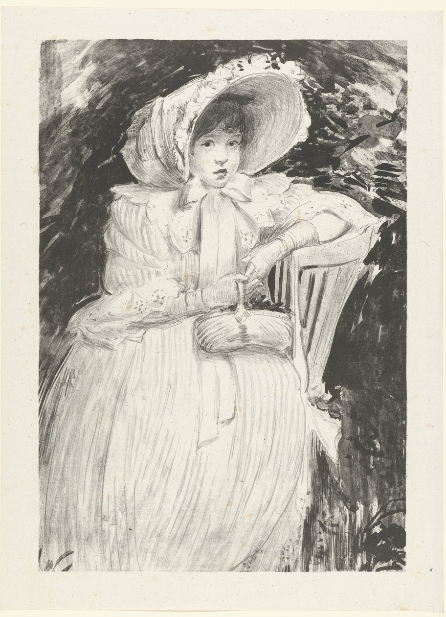 Sitzendes Mädchen mit Hut auf Stuhl mit Korb auf dem Schoß von Jacques Emile Blanche
