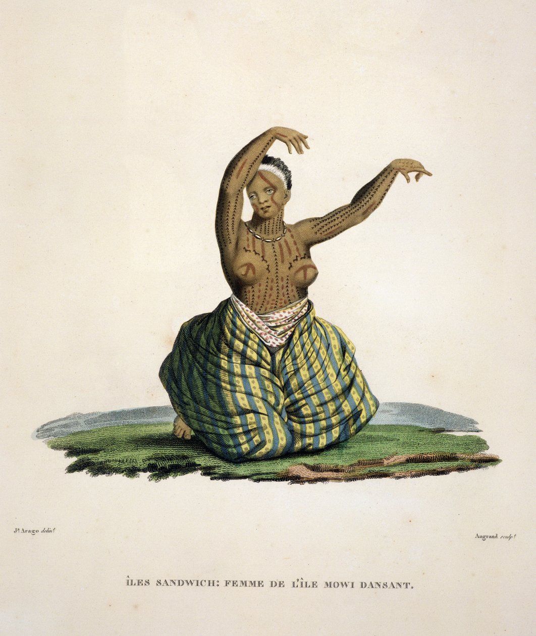 Tanzende Frau von der Insel Maui, auf den Hawaii-Inseln, graviert von Parfait Augrand (geb. 1782) von Jacques Etienne Victor Arago