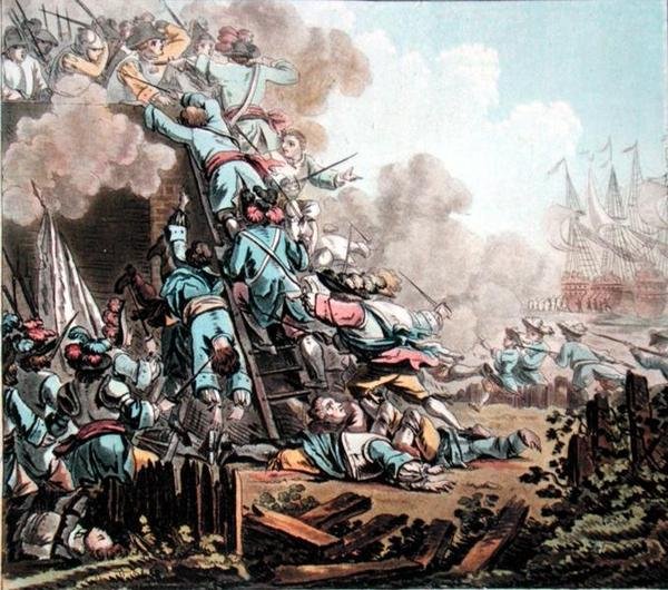 Eroberung der Festung San Salvador, Sizilien (1674), graviert von Jean Baptiste Morret von Jacques Francois Joseph (after) Swebach