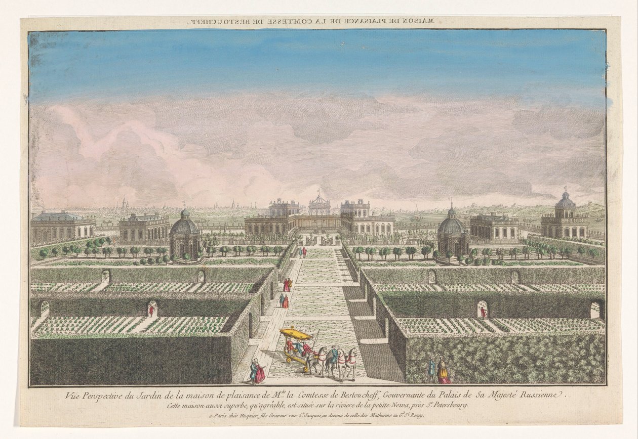 Ansicht des Gartens des Landhauses der Gräfin von Bestoucheff in der Umgebung von Sankt Petersburg von Jacques Gabriel Huquier