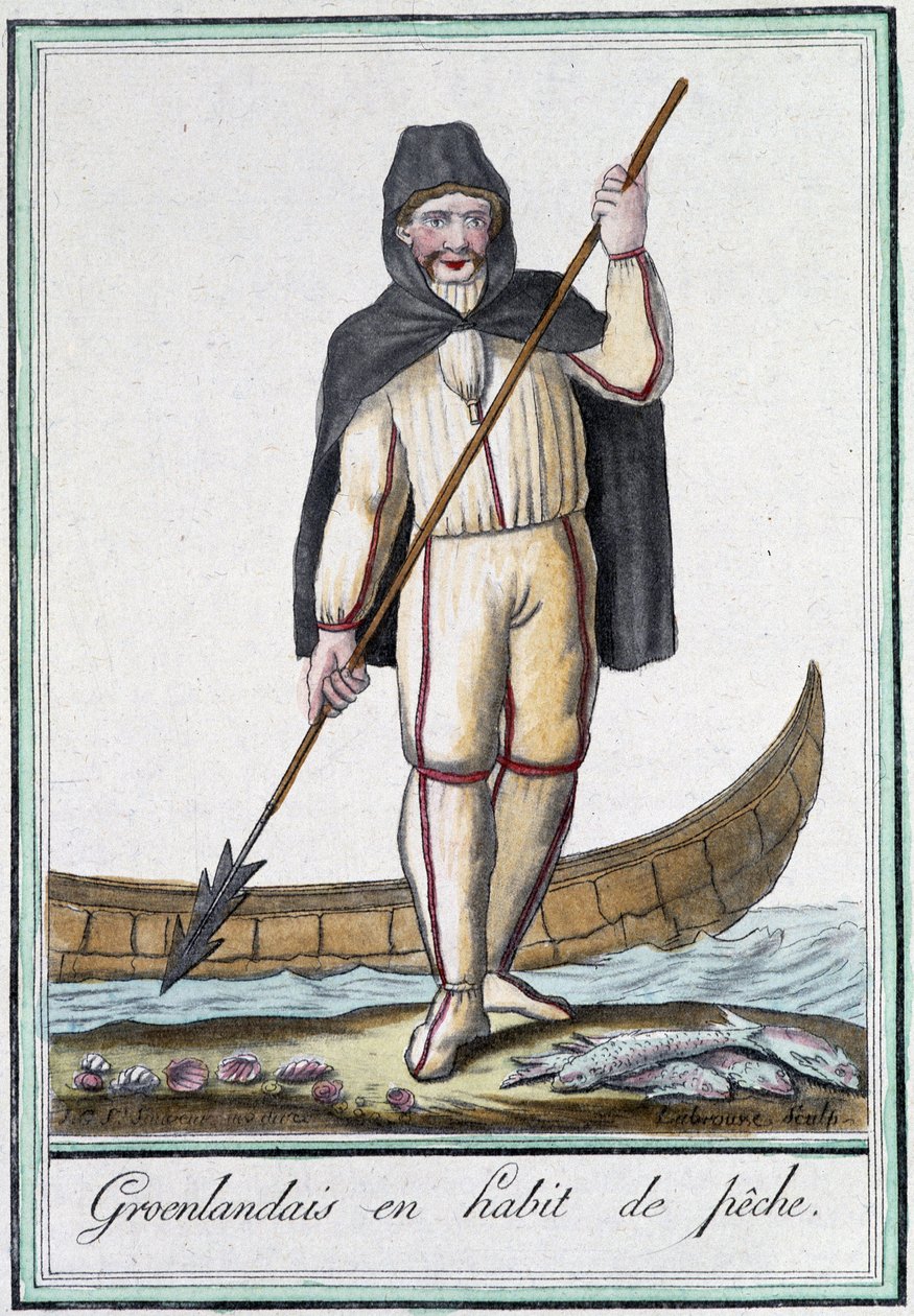 Grönländer in Fischertracht - in „Enzyklopädie der Reisen“ von Grasset Saint Sauveur, ed. Paris 1796 von Jacques Grasset de Saint Sauveur