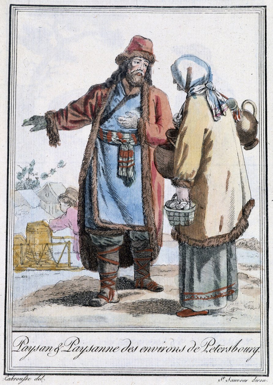 Bauer und Bäuerin aus Petersburg - in „Enzyklopädie der Reisen“ von Grasset St Sauveur, ed. 1796 von Jacques Grasset de Saint Sauveur