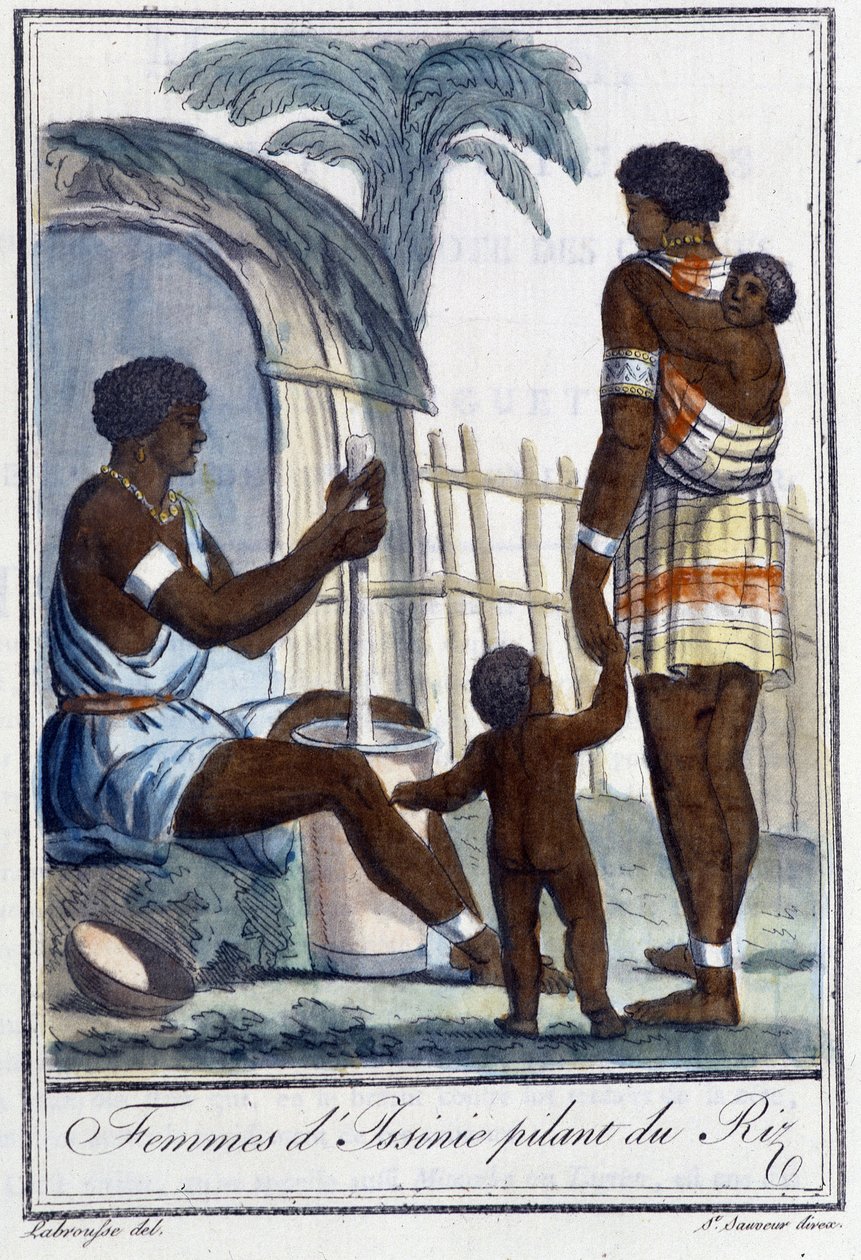 Frauen von Issinie, die Reis stampfen - in „Encyclopedia of Travels“ von Grasset St Sauveur, ed. 1796 von Jacques Grasset de Saint Sauveur