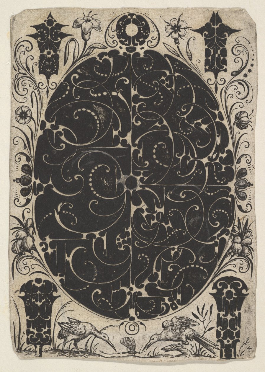 Ovales Gehäuse, verziert mit Schweifwerk in zwei Varianten, umgeben von kleineren Motiven, ca. 1614-19 von Jacques Hurtu