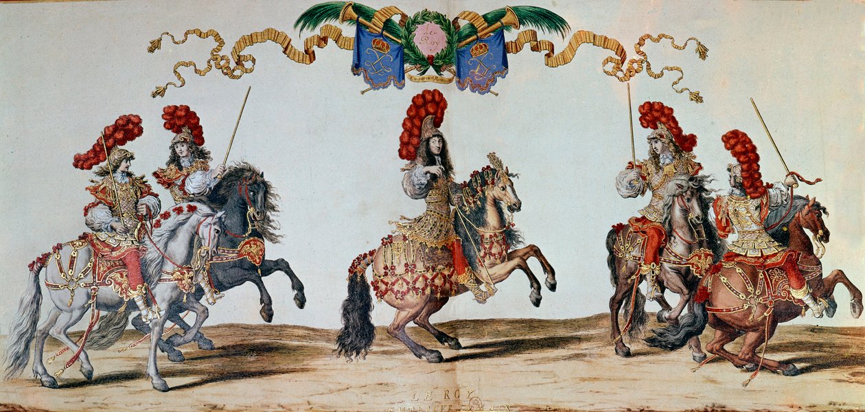 Karussell von 1662: König Ludwig XIV. und die Ritter, die am Karussell von 1662 in Paris teilnehmen (Gravur) von Jacques I Bailly