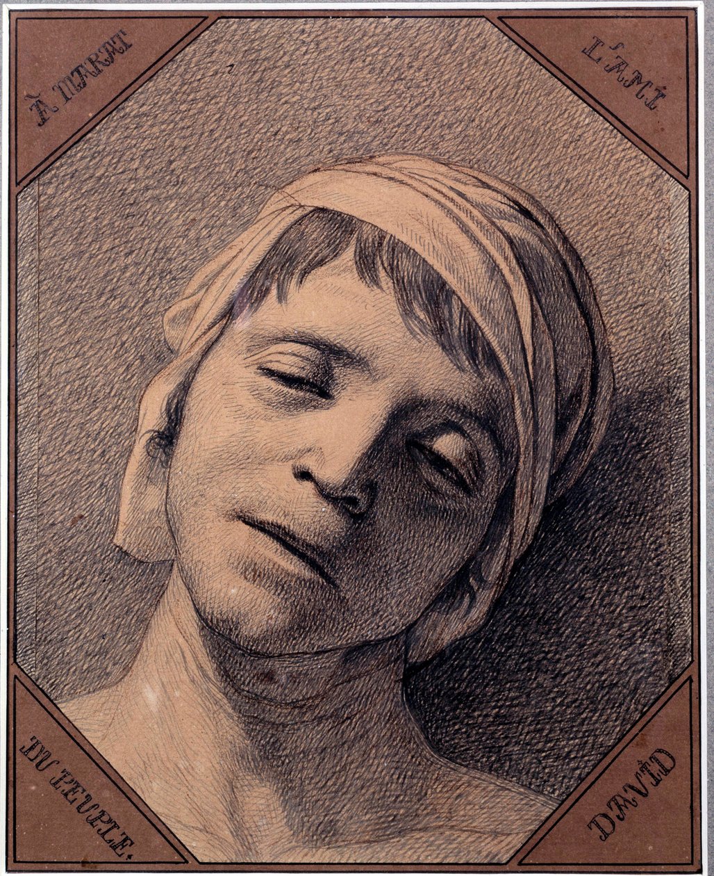Studie nach der Natur des Kopfes von Jean Paul Marat (1763-1793), ermordet am 13.07.1793. Zeichnung von Jacques Louis David (1748-1825). Versailles, Schlossmuseum von Jacques Louis David