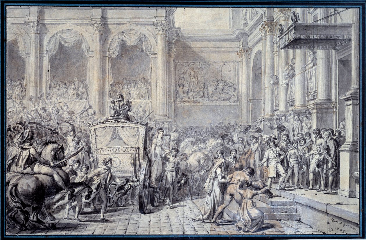 Die Ankunft der Kutsche von Kaiser Napoleon I. (1769-1821) im Hotel de Ville de Paris am 16.12.1804 anlässlich seiner Regierung. Zeichnung von Jacques Louis David (1748-1825) von Jacques Louis David