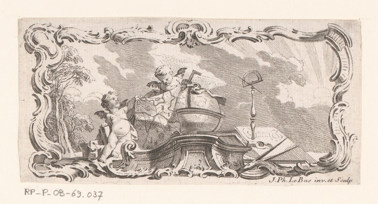 Vignette mit zwei Putti mit Landkarte, Globus und Messinstrumenten von Jacques Philippe Le Bas