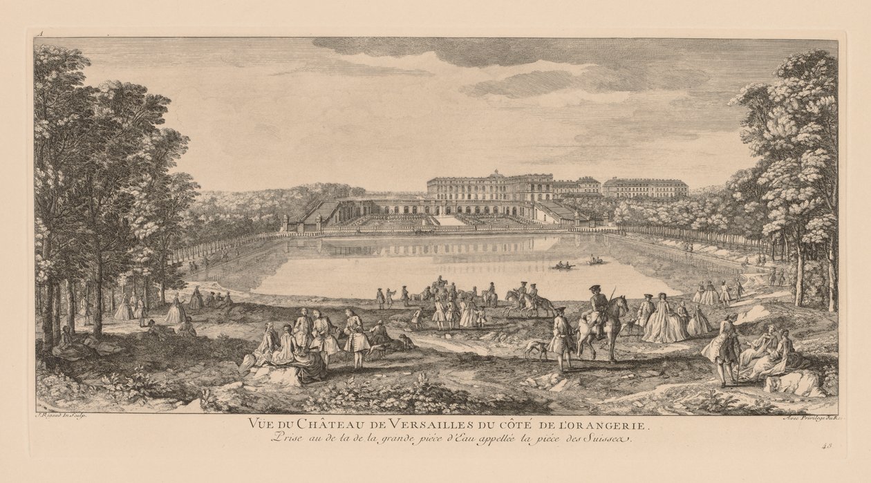 Ansicht des Schlosses von Versailles von der Orangerie-Seite, aufgenommen jenseits des Schweizerbeckens von Jacques Rigaud