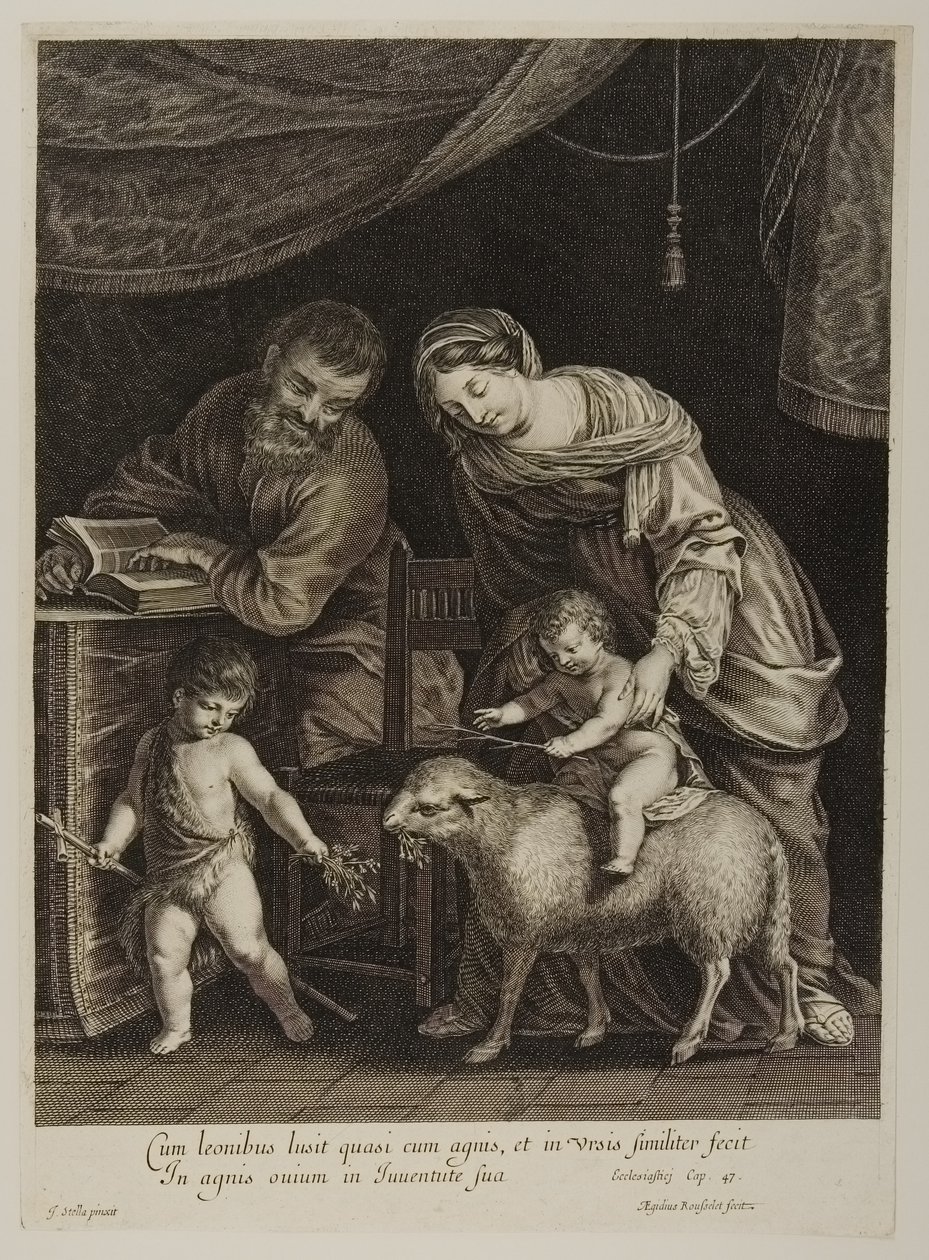 Heilige Familie mit Johannes dem Täufer, graviert von Gilles Rousselet von Jacques Stella