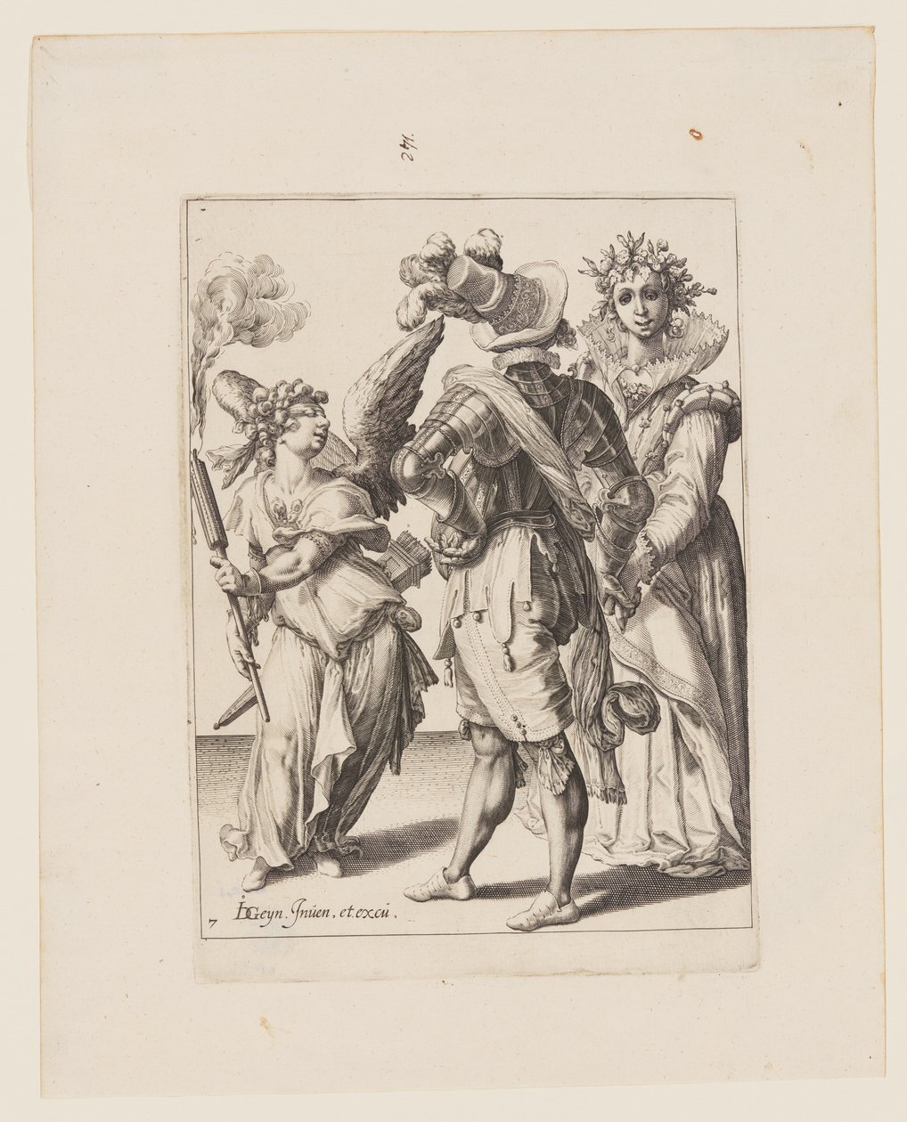 Ein blind gefalteter Amor, der eine Fackel vor einem Paar hält, aus Die Maskeraden von Jacques de Gheyn II