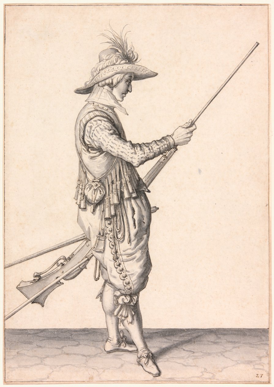 Ein Soldat lädt eine Muskete, "Ramme in Your Pouder" von Jacques de Gheyn II