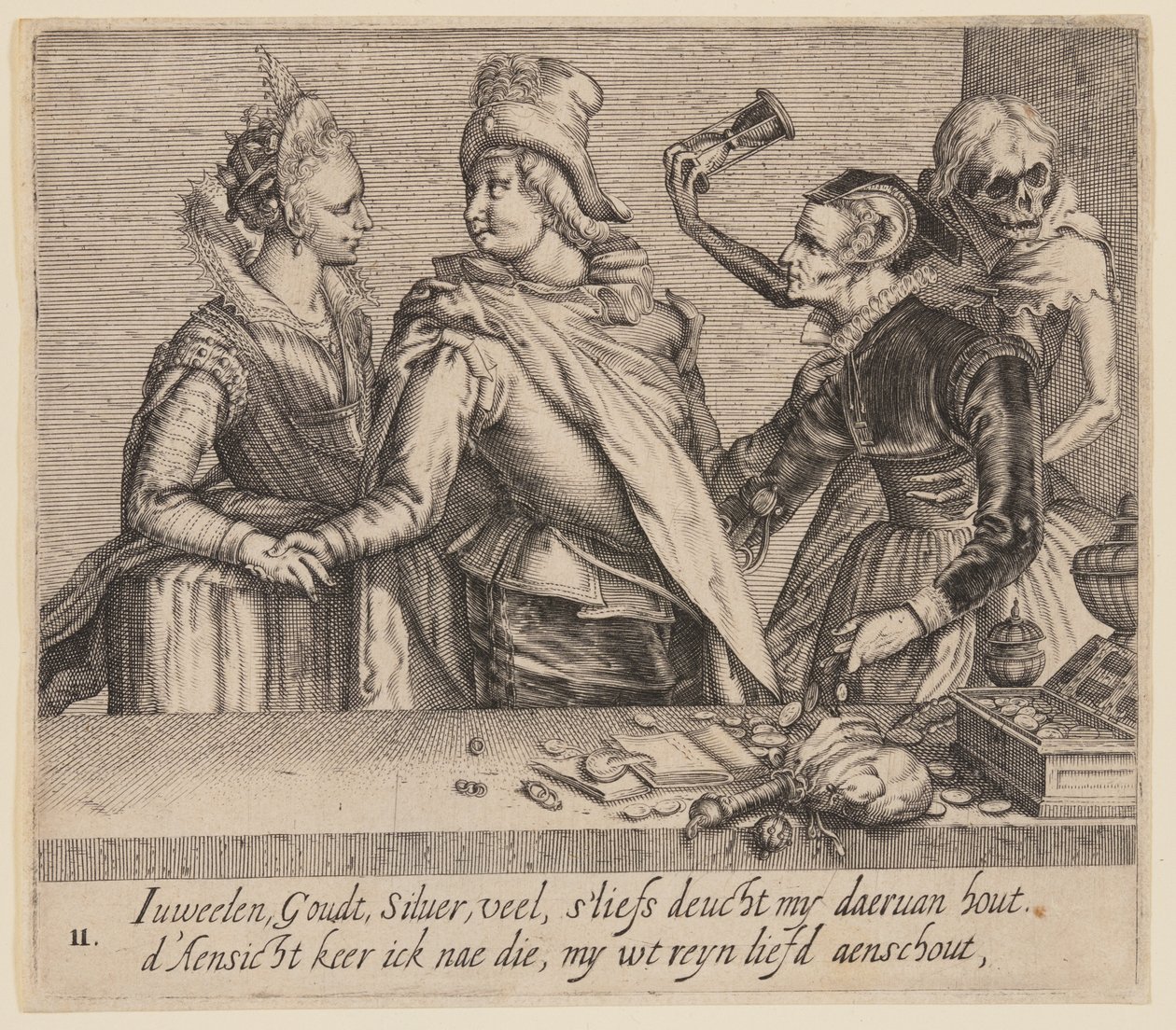 Ein junger Mann zwischen einer jungen Frau und einer alten Frau, aus Ungleiche Liebhaber von Jacques de Gheyn II