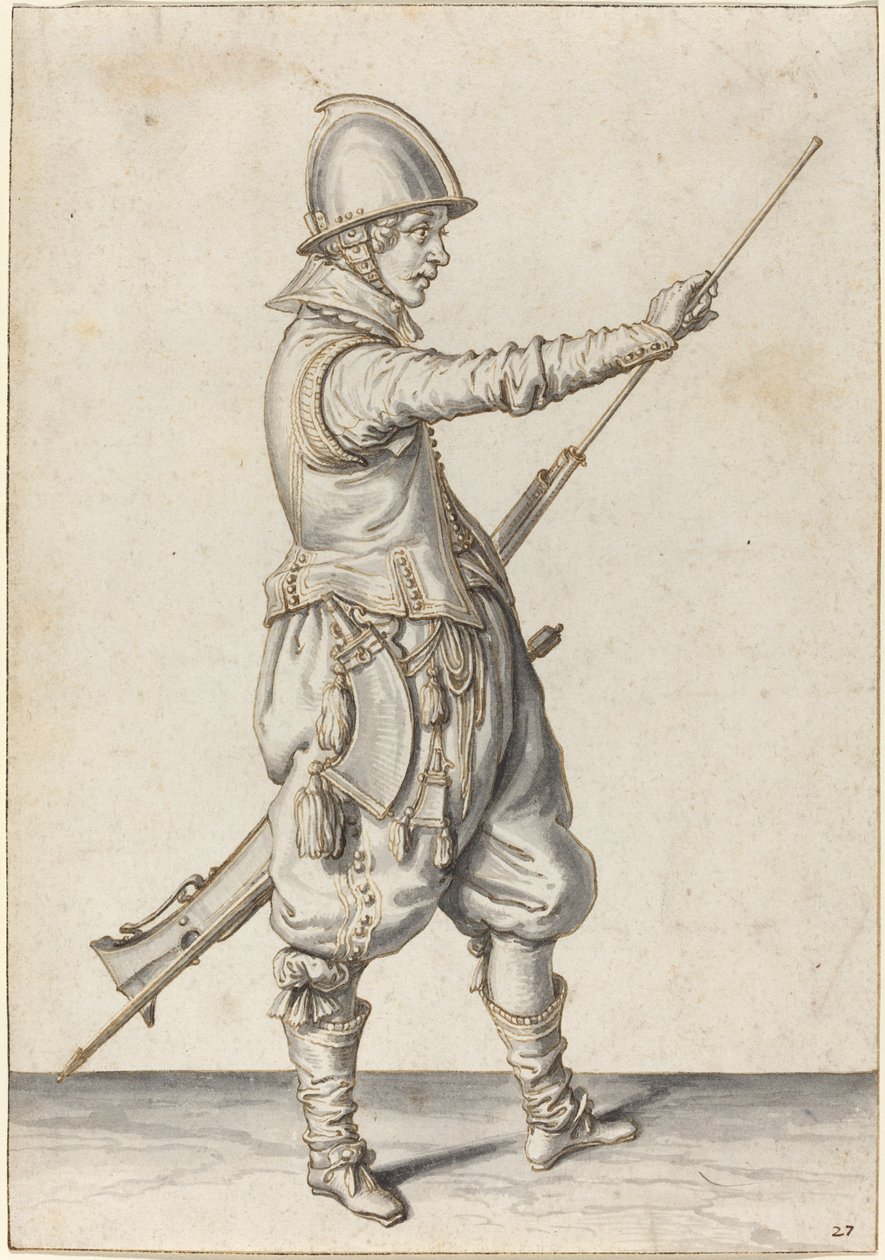 Elegant gekleideter Soldat, der sein Kaliber stopft von Jacques de Gheyn II