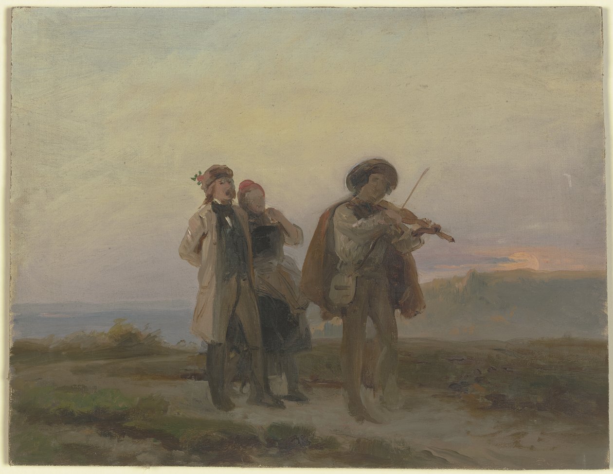 Abendlicher Spaziergang, Geiger und Bauernpaar auf den Feldern von Jakob Becker