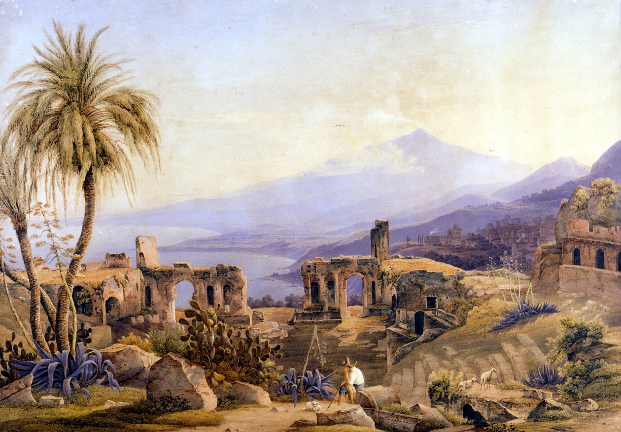 Taormina in Sizilien: die Ruinen und der Ätna. Gemälde von Jacob Suter, um 1850 von Jakob Suter
